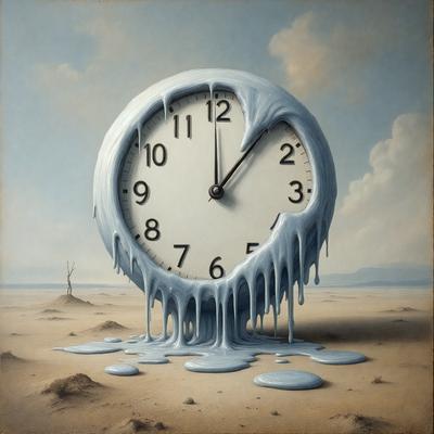 The primary subject of the image is a large, white, and blue clock with dripping icicles. The clock is placed in a desert-like setting, with a sandy surface and a cloudy sky in the background. The visual style of the image is a painting, which gives it a unique and artistic appearance. The dominant colors in the painting are white, blue, and various shades of brown, creating a sense of coldness and desolation.